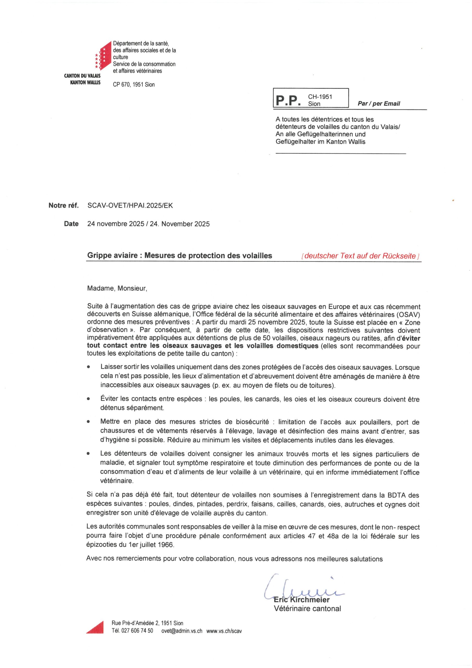 Mesures de protection des volailles